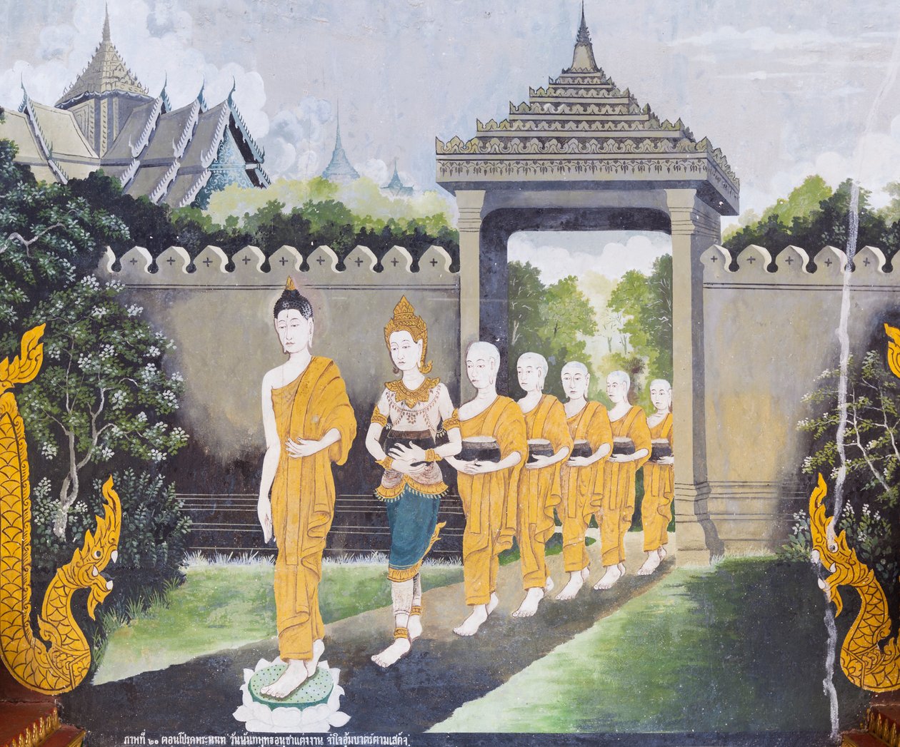 Freskó, amely Buddha életének egy jelenetét ábrázolja, Wat Phra That Doi Suthep templom alkotó: School Thai