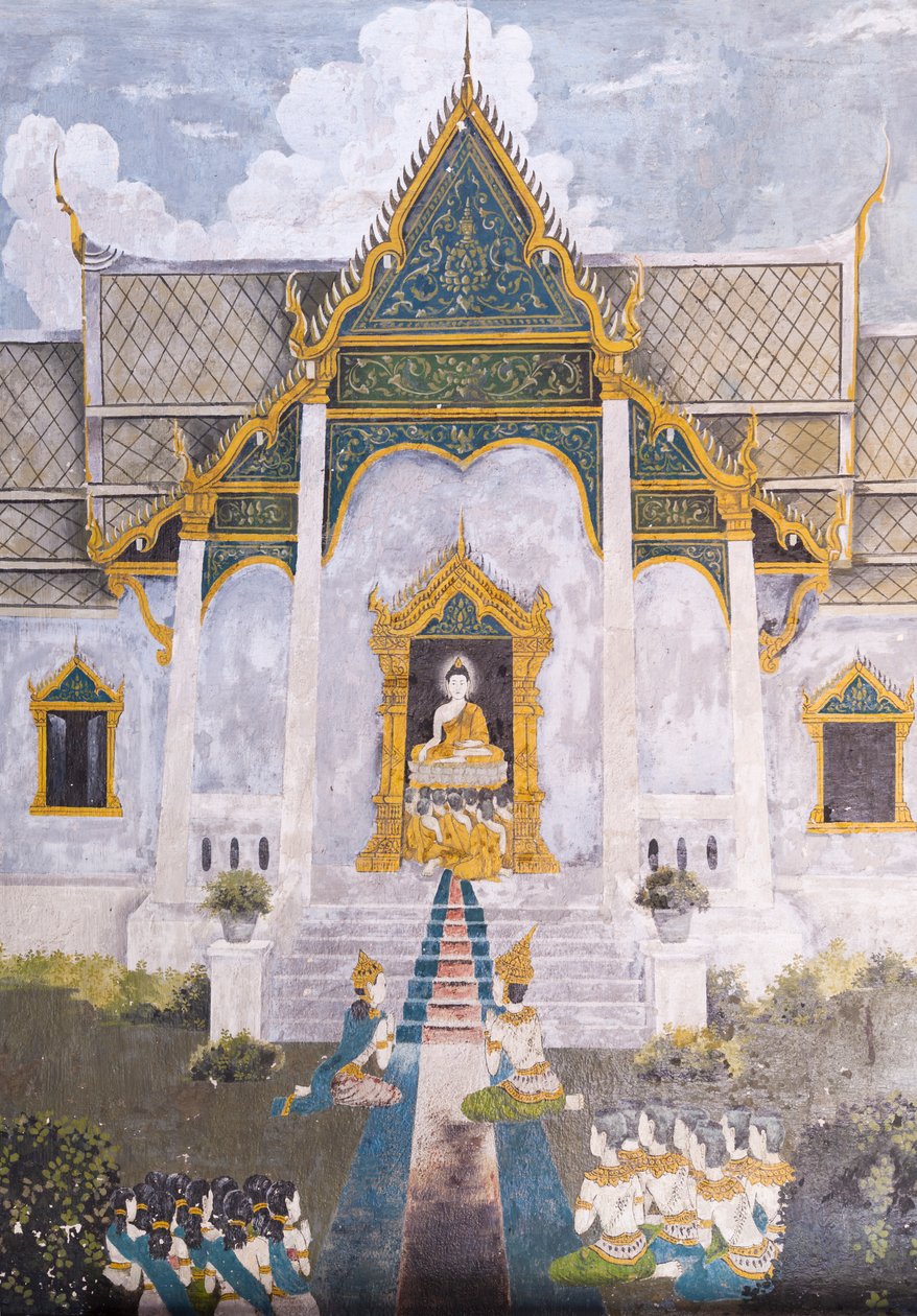 Freskó, amely Buddha életének egy jelenetét ábrázolja, Wat Phra That Doi Suthep templom alkotó: School Thai