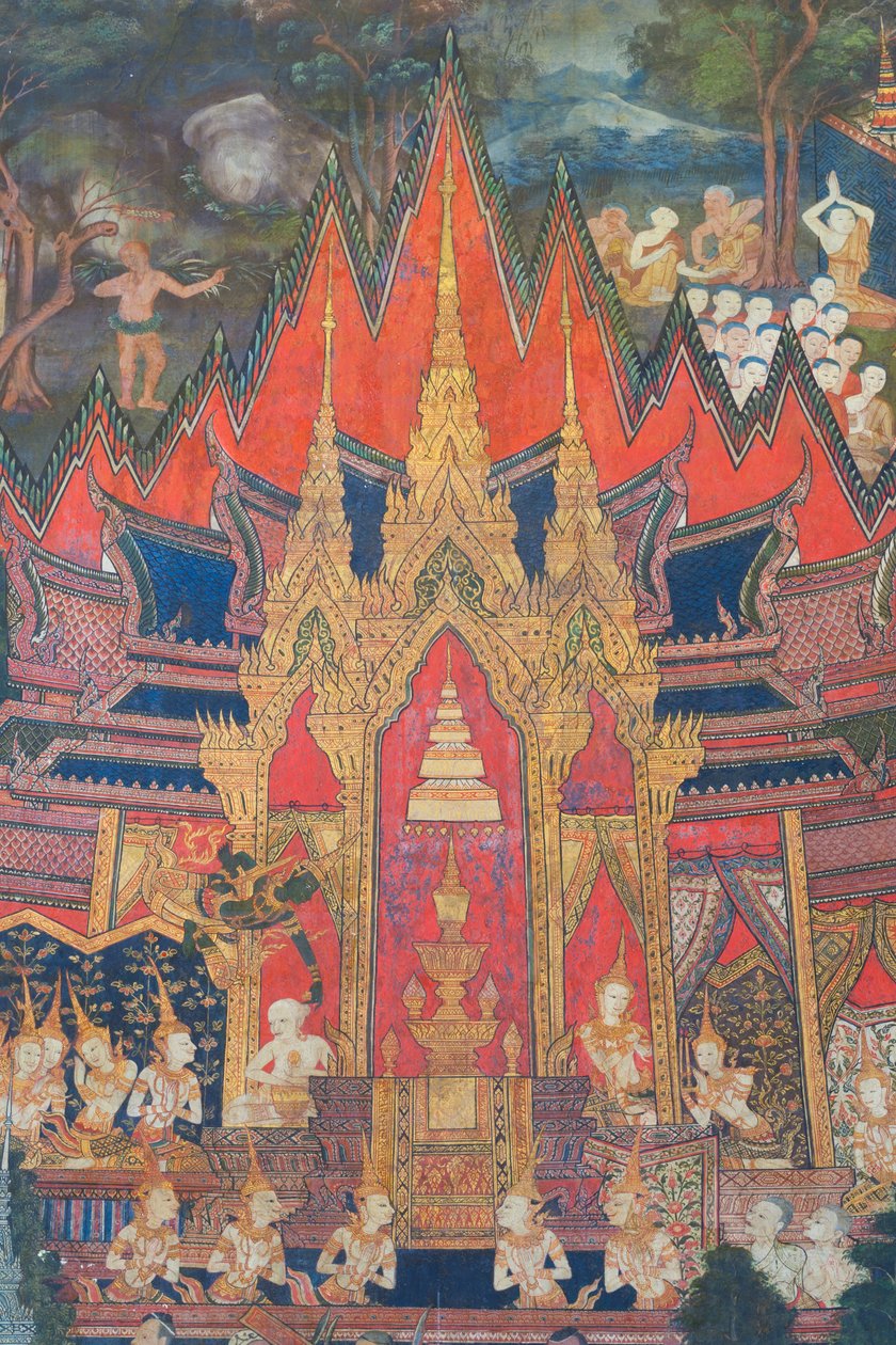 A Buddhaisawan kápolnában található falfestmények, amelyeken Indra látható, amint Buddha elhamvasztása után nem sokkal leereszkedik az égből, és elragadja a legértékesebb ereklyét, a bráhmana hajzuhatagába rejtett fogat. alkotó: School Thai