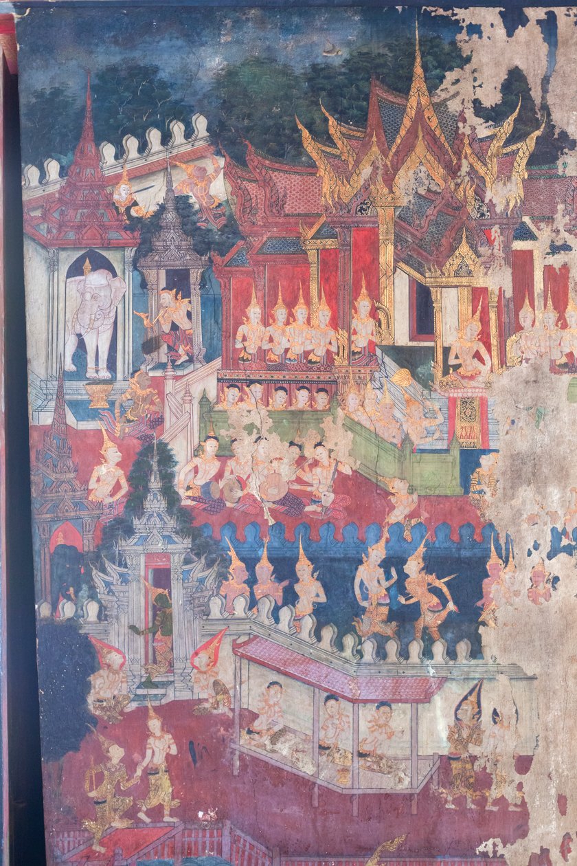 A Buddhaisawan kápolna falfestményei, amelyek Buddhát ábrázolják, amint királyi öltözéket ölt magára, hogy megalázza és meggyőzze a büszke, de megtévesztett császárt, Jambupatit, hogy a megvilágosodáshoz vezető utat előnyben kell részesíteni az anyagi gazd alkotó: School Thai
