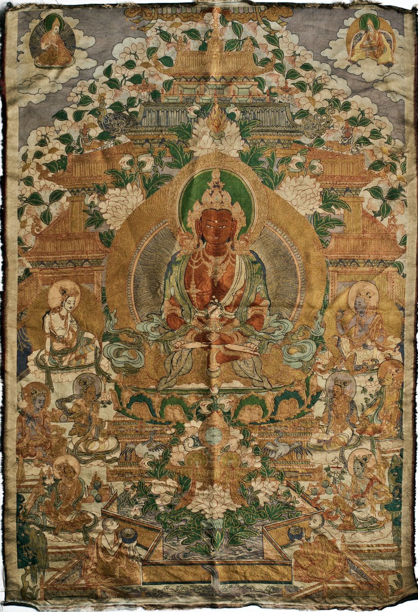 Amitabha (a tiszta föld buddhája) - Tibeti festészet, pigmentek és arany a szöveten, 19. század vége, 74x51 cm - (Amitayus Buddha Thangka, Tibeti kultúra, Pigmentek és arany a textílián, XIX. század vége) - Magángyűjtemény alkotó: School Tibetan