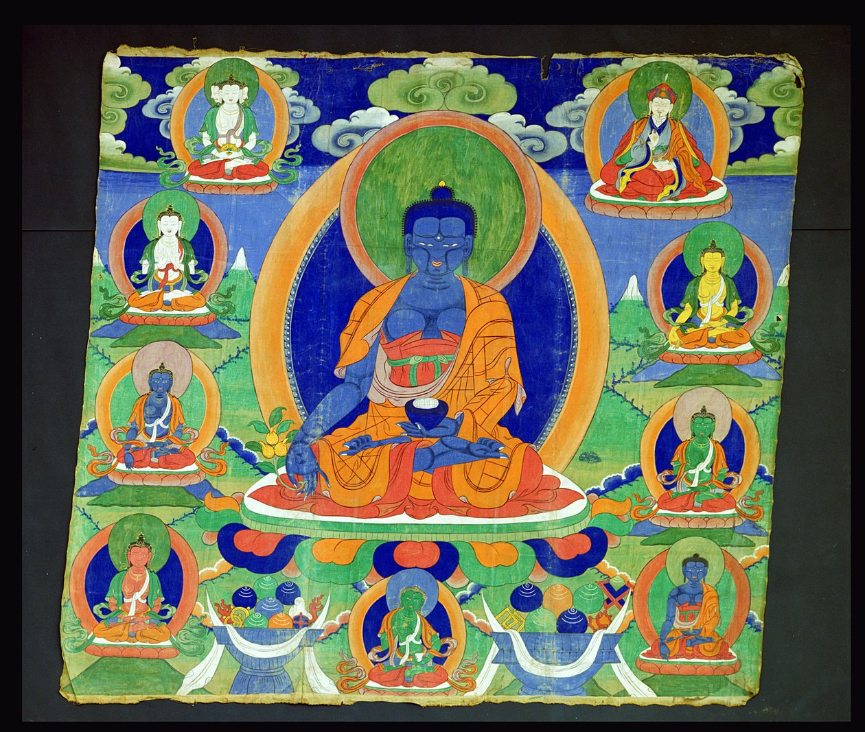 Thangka festmény, amely az Orvostudomány Buddháját mutatja, Bhaishajyaguru (Menla) tibeti alkotó: School Tibetan