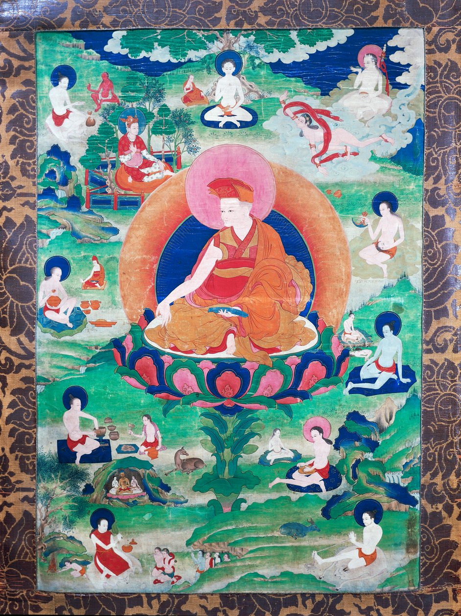 A láma Rje-grags Rtod Iha-pa-pa-dang Graps fényudvarral és számos mahasiddha (jógi) által körülvéve, Indiában és Tibetben élt (7-11. század), gouache vásznon alkotó: School Tibetan