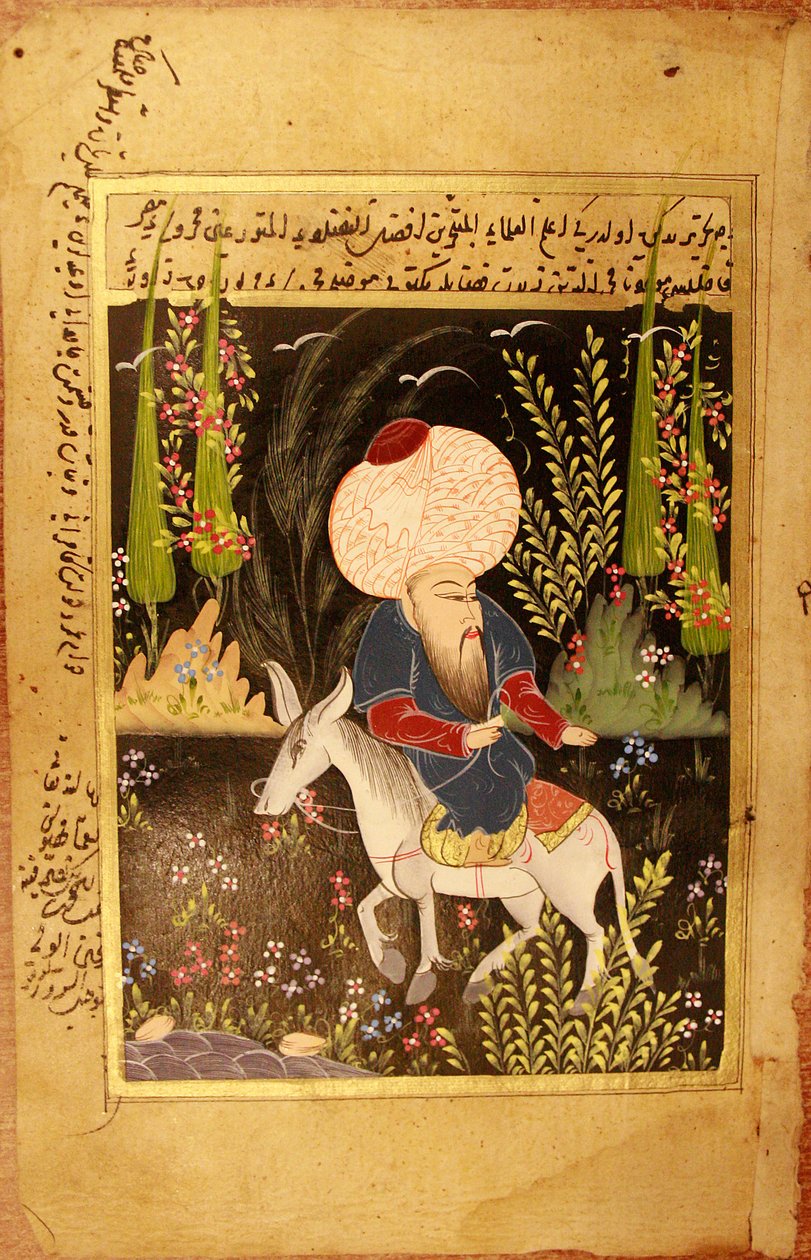 Nasr Eddin Hodja. (Nasreddin Hodzsa). A muszlim irodalom szereplője, Törökország mitikus ulémája, aki a 13. és 15. század között élt, a hagyomány szerint szamarán fejjel lefelé ülve írják le. Névtelen miniatűr, gouache pergamen, san alkotó: School Turkish