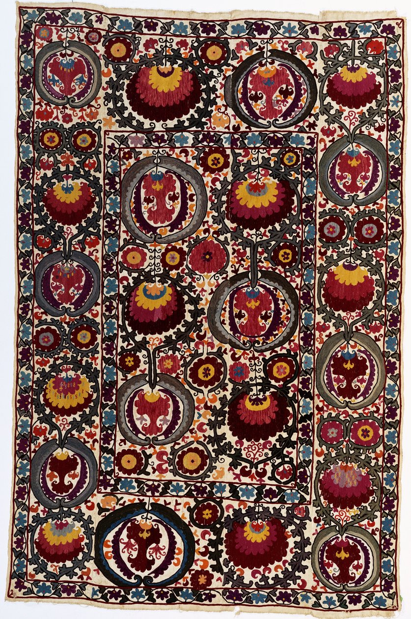 Egy susani, a fehér vászonföldet élénk árnyalatú selymekkel dolgozták ki, 1900 körül (selyem és len) alkotó: School Uzbek