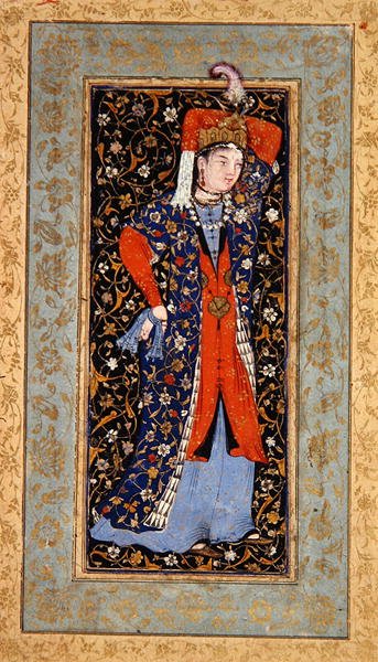 Női táncos zsebkendővel mindkét kezében, 1560 körül (guache tintával és arannyal a papíron) alkotó: School Uzbek