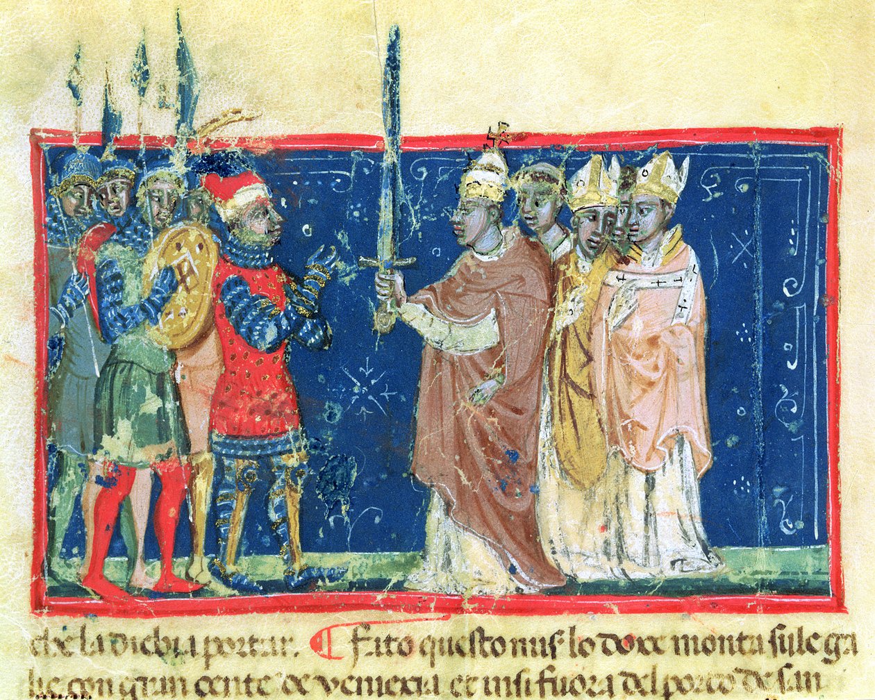 Codex Correr I 383 III. Sándor pápa (1105-81) átadja a kardot Sebastiano Ziani dózsának (pergamen). alkotó: School Venetian