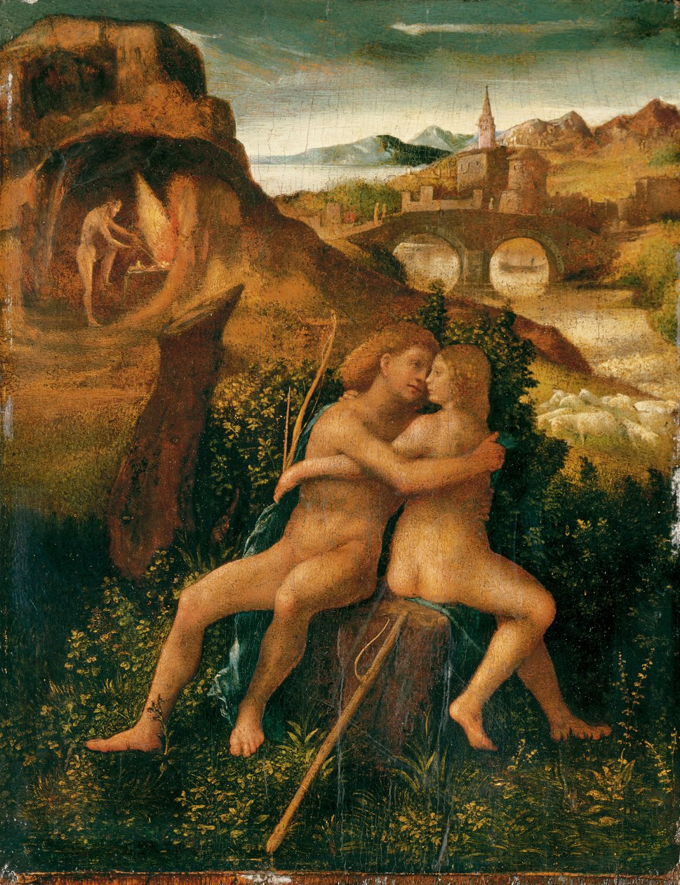 Vénusz és Mars egy folyami tájon, Vulkánnal a kovácsművében, 1500 körül (olaj a panelen) alkotó: School Venetian