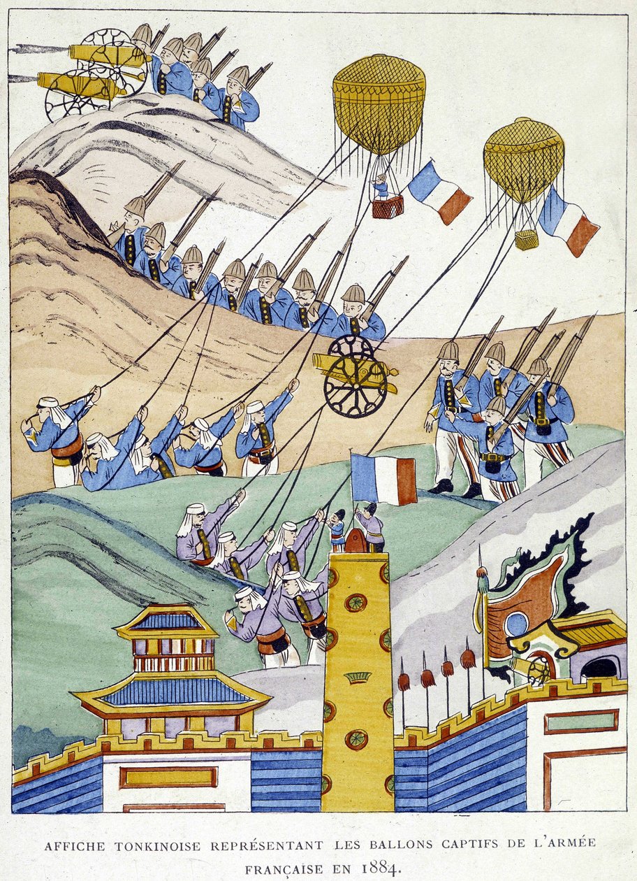 Tonkinese poszter, amely a francia hadsereg fogságba esett léggömbjeit ábrázolja 1884-ben. alkotó: School Vietnamese