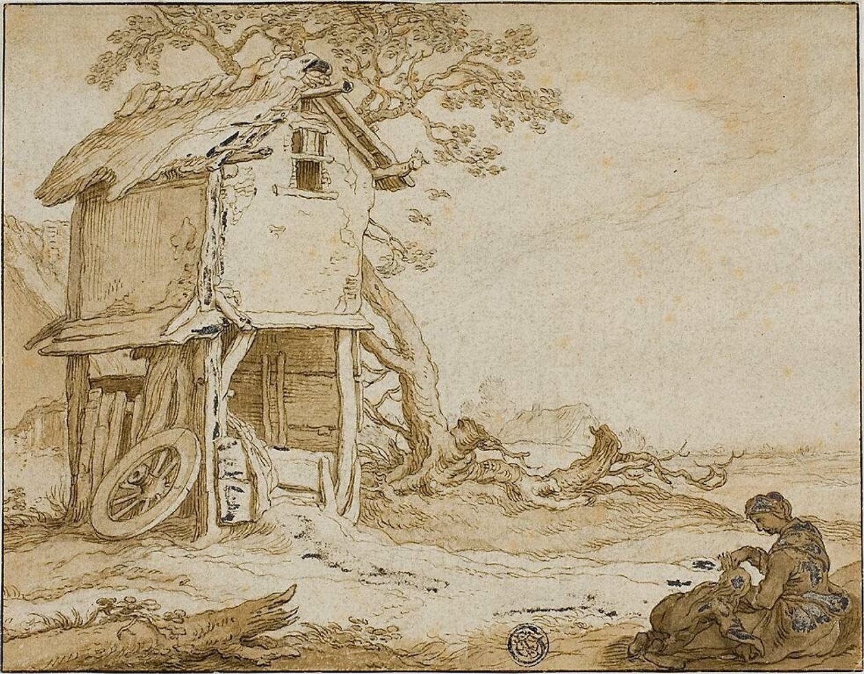 Tájkép Barnstable-lel, ülő nővel és gyermekkel alkotó: School of Abraham Bloemaert