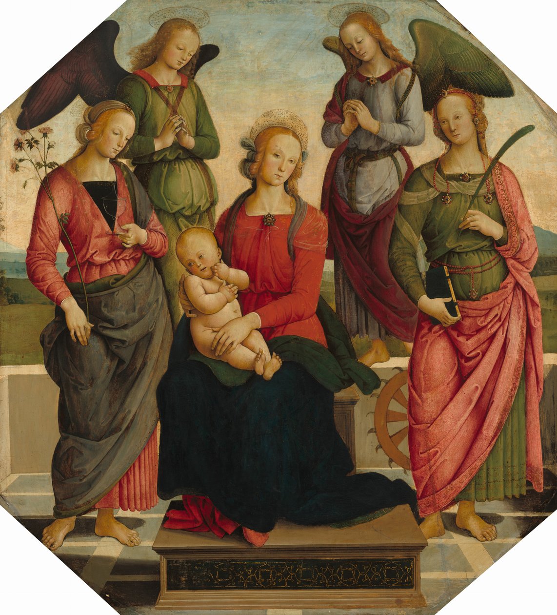 Madonna és gyermeke két angyallal, Szent Rózsával és Alexandriai Szent Katalinnal alkotó: School of Perugino