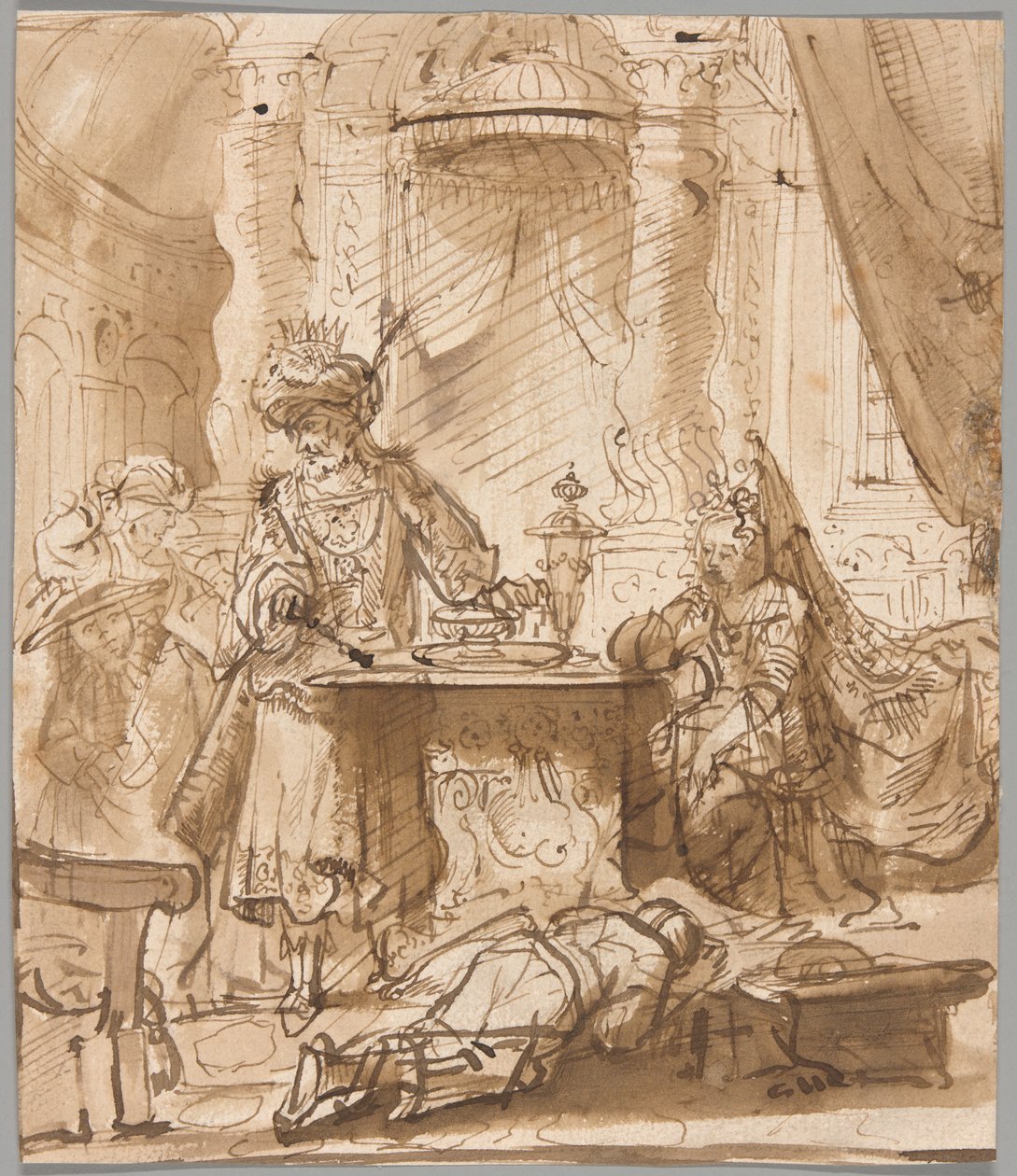 Hámán leépülése Ahasvérus és Eszter előtt alkotó: School of Rembrandt van Rijn