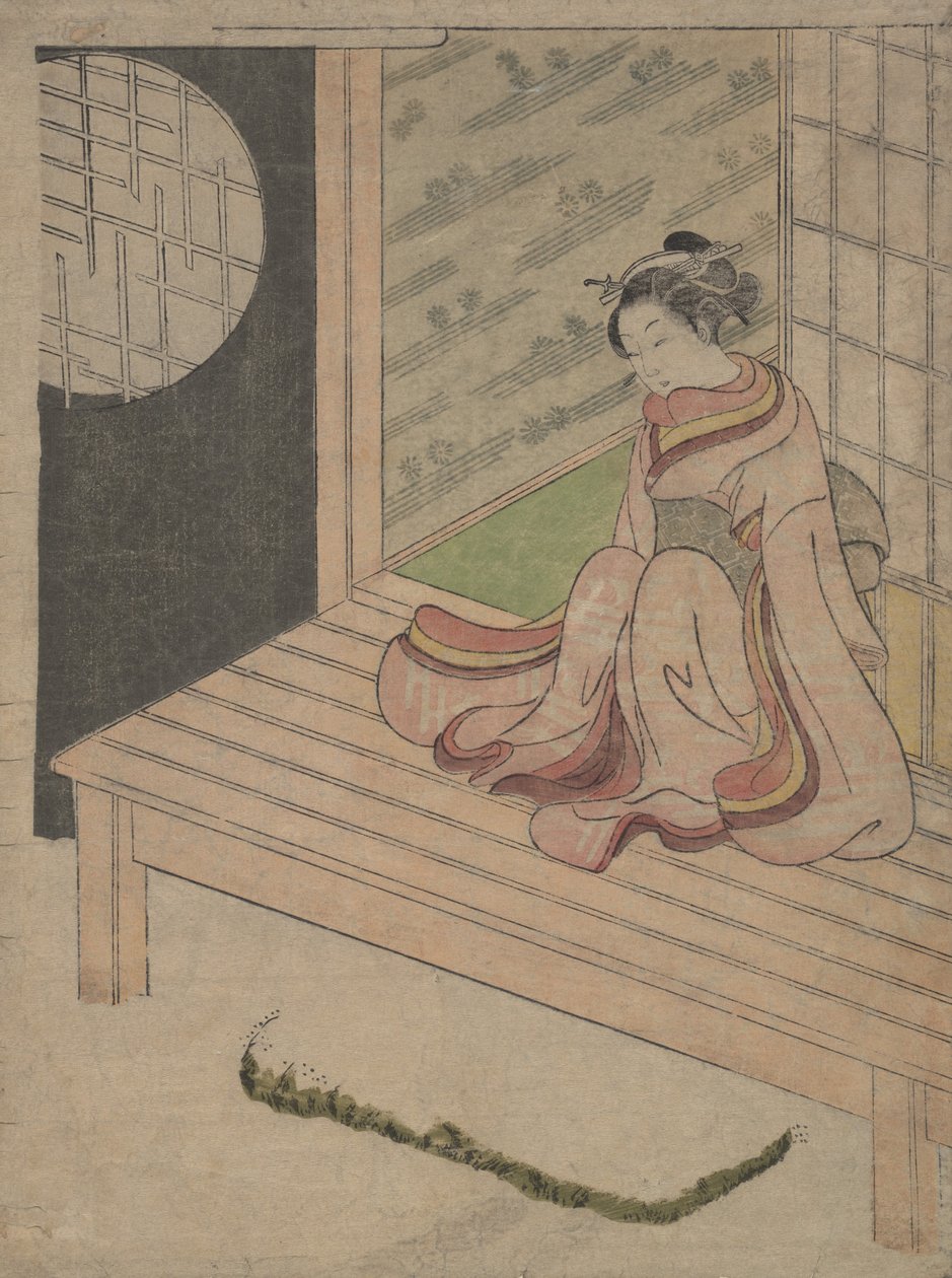 Egy fiatal nő egy ház Engawáján ül, kb. 1765., kb. 1765. alkotó: School of Suzuki Harunobu