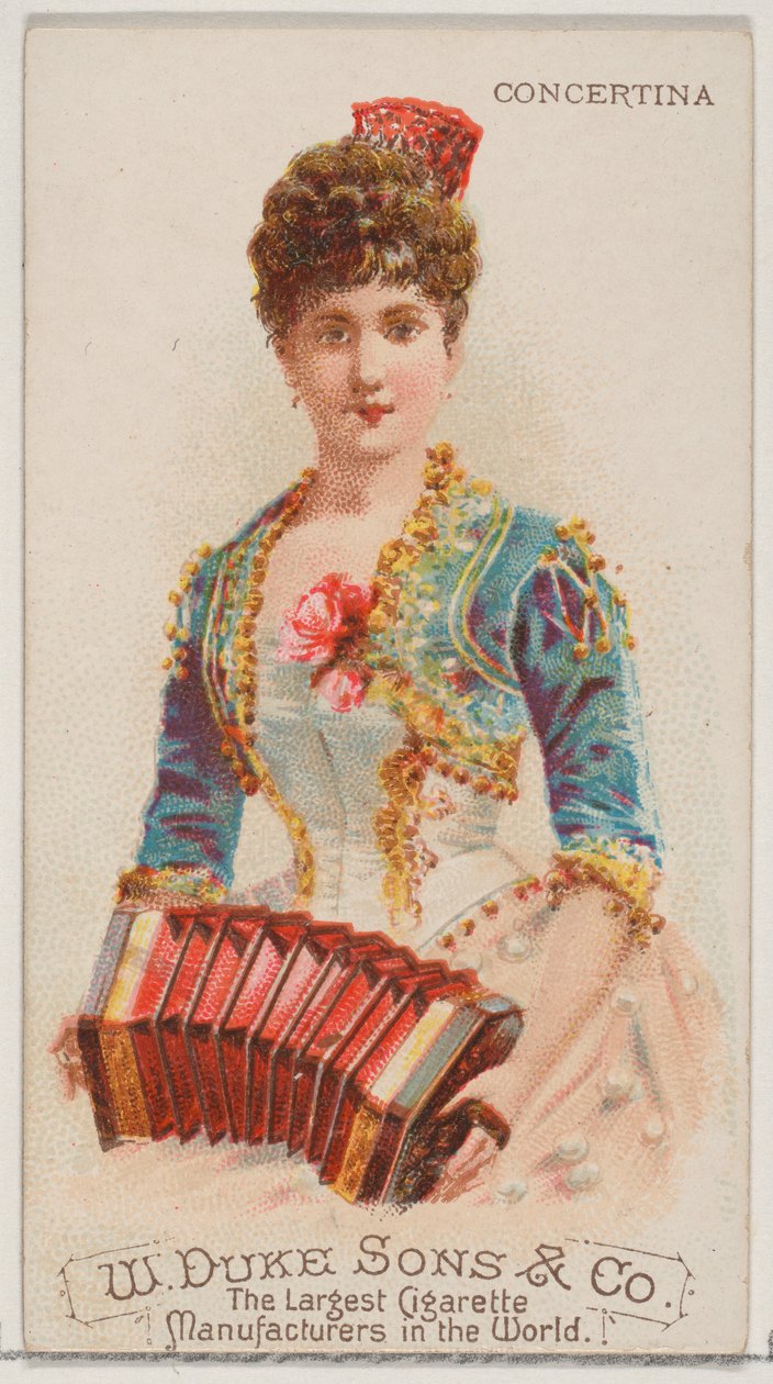 Concertina, az N82 hangszerek sorozatból, Duke márkájú cigarettákhoz, 1888., 1888. alkotó: Schumacher and Ettlinger