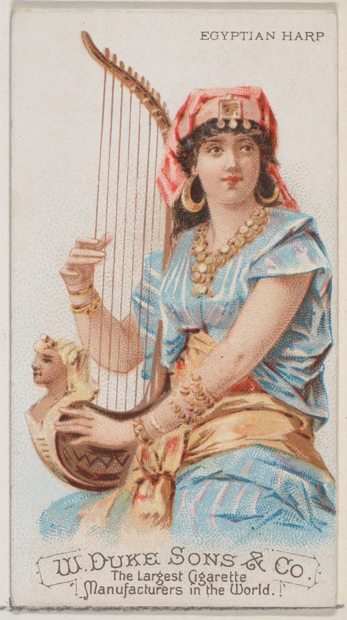 Egyiptomi hárfa, az N82 hangszerek sorozatból, Duke márkájú cigarettákhoz, 1888., 1888. alkotó: Schumacher and Ettlinger