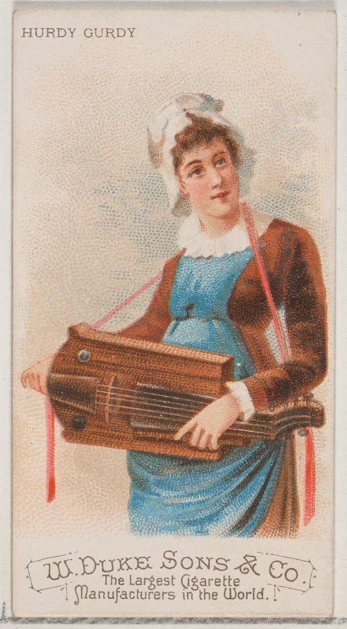 Hurdy Gurdy, az N82 hangszerek sorozatból, Duke márkájú cigarettákhoz, 1888., 1888. alkotó: Schumacher and Ettlinger