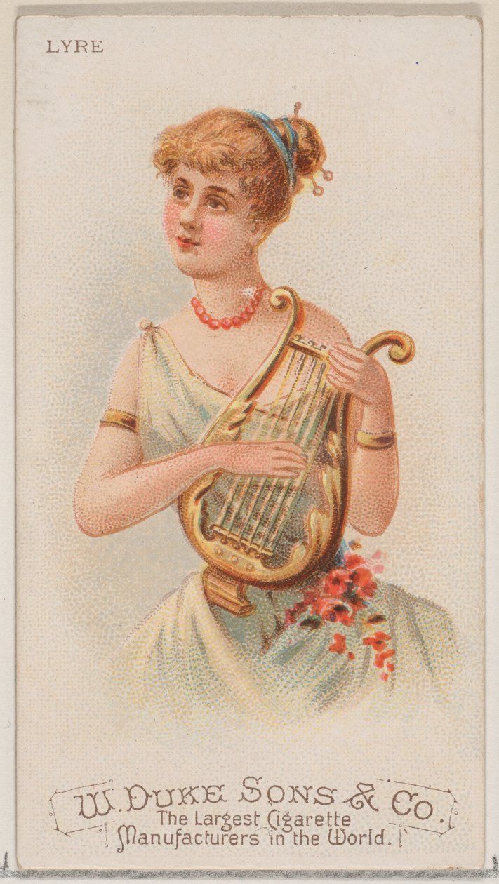 Líra, az N82 hangszerek sorozatból Duke márkájú cigarettákhoz, 1888., 1888. alkotó: Schumacher and Ettlinger