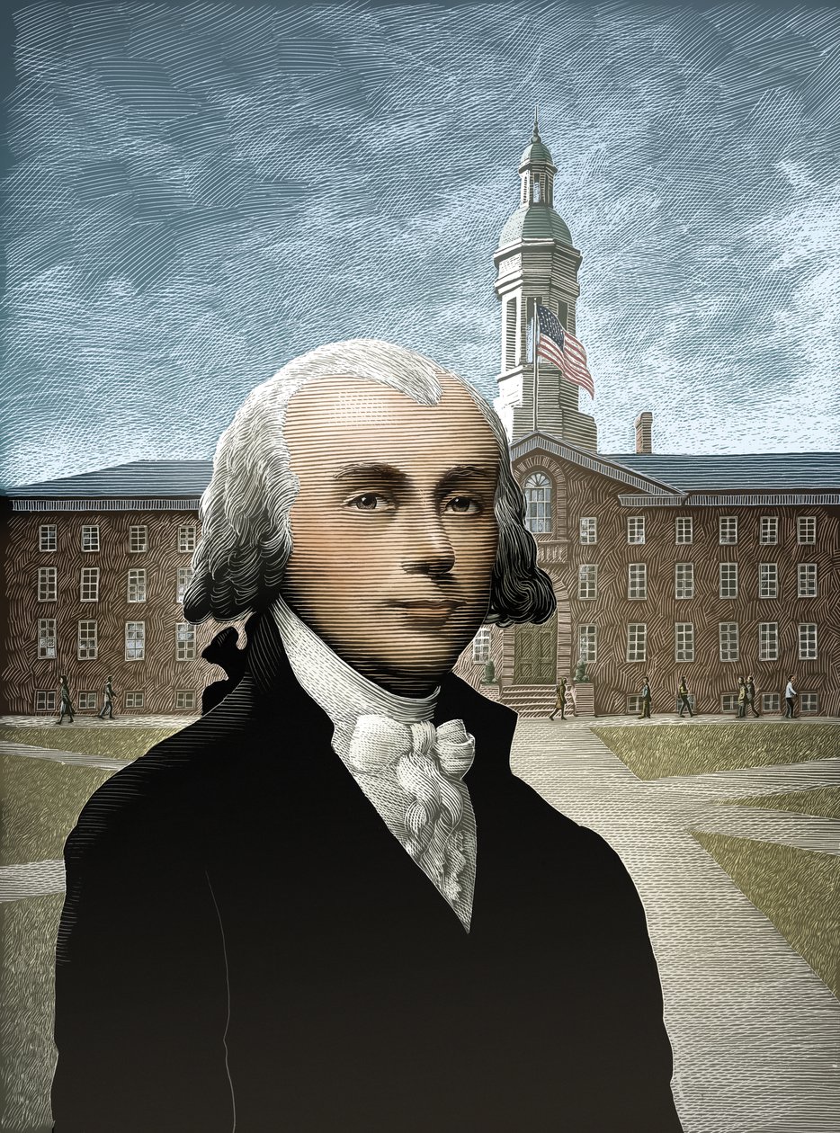 James Madison, 2008 (scratchboard, digitálisan színezve) alkotó: Scott McKowen