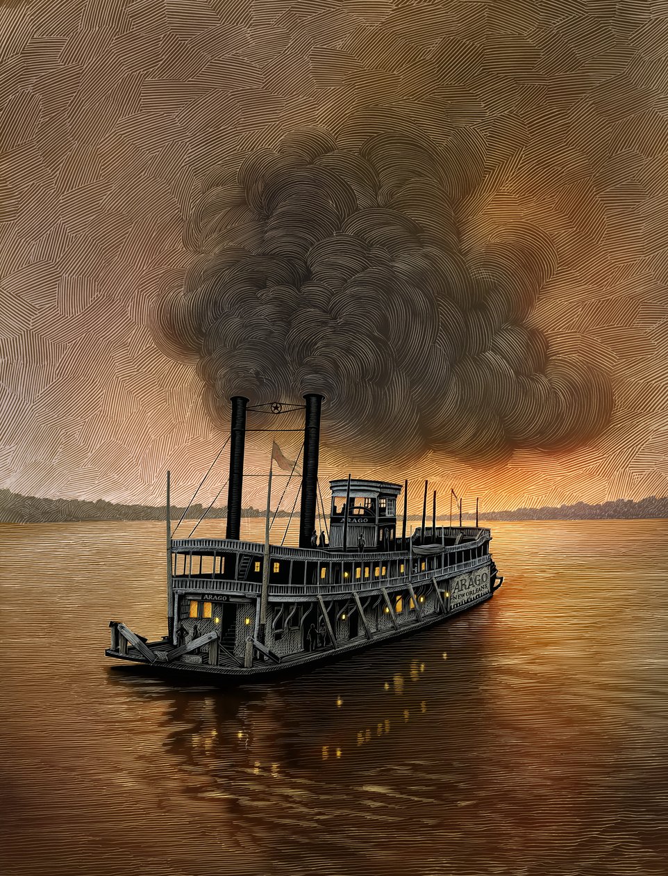 Mississippi Steamboat, 2015 (scratchboard, digitálisan színezve) alkotó: Scott McKowen