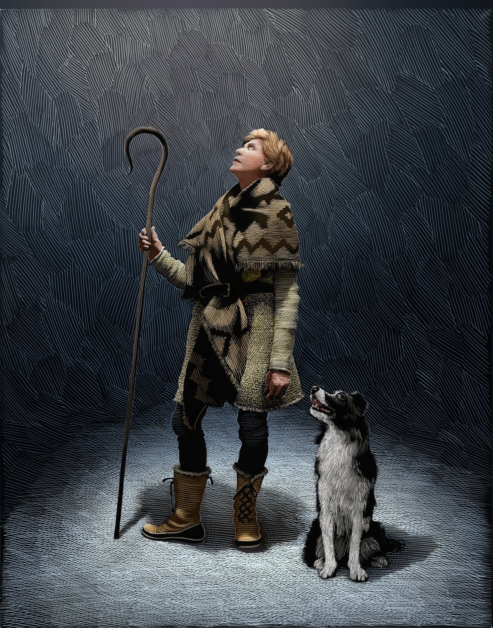 Shepherd With a Border Collie 2018 (scratchboard, digitálisan színezve) alkotó: Scott McKowen