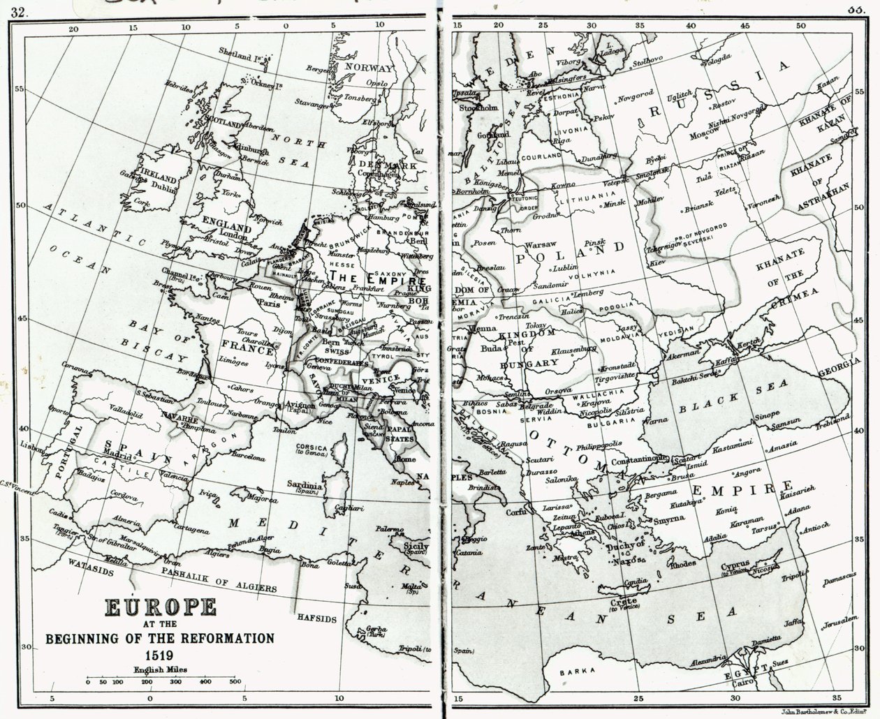 Európa 1519-ben, a reformáció kezdetén, kocsma. szerző: John Bartholomew and Co., Edinburgh alkotó: Scottish School