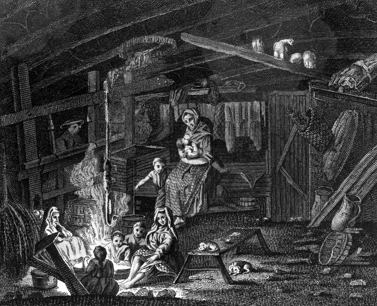 Egy ilay-i Weavers-ház belsejében, illusztráció Thomas Pennant „A Tour in Scotland” című művéből, 1769-ben. alkotó: Scottish School
