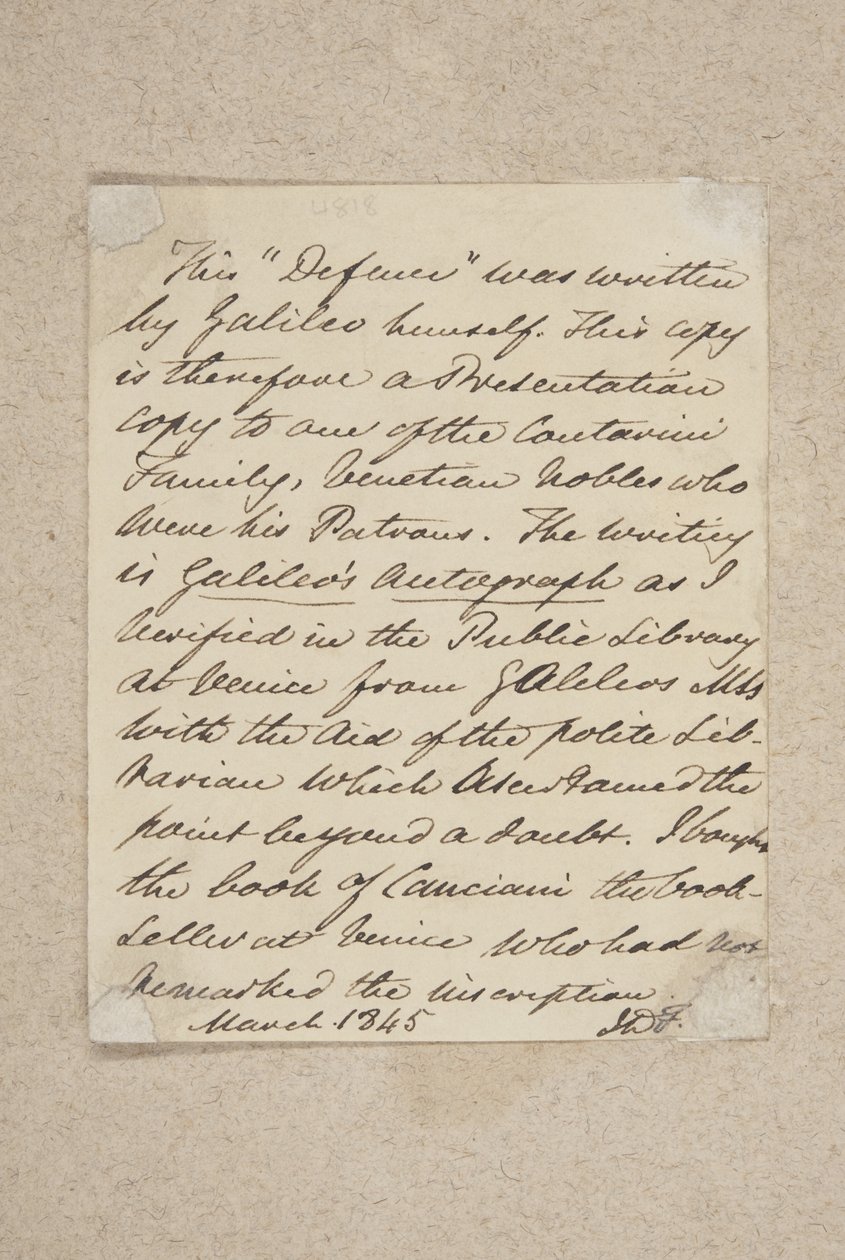Jegyzet ragasztott a Difesa elülső táblájára, Galileo, 1845 (toll és tinta papíron) alkotó: Scottish School