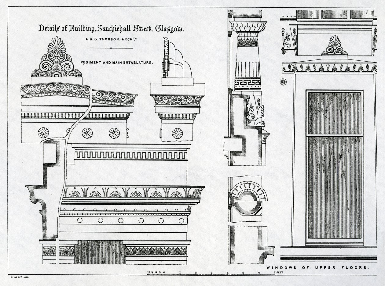 A Grecian Chambers építészeti részletei, 336-356 Sauchiehall Street, Glasgow, tervezte Alexander Greek Thomson, 1869 alkotó: Scottish School
