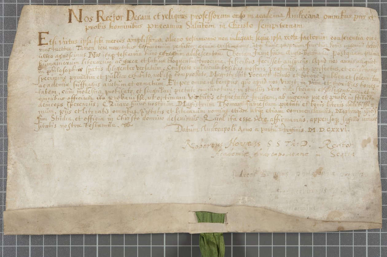 Az egyetem által kiállított oklevél Thomas Jamesnek alkotó: Scottish School