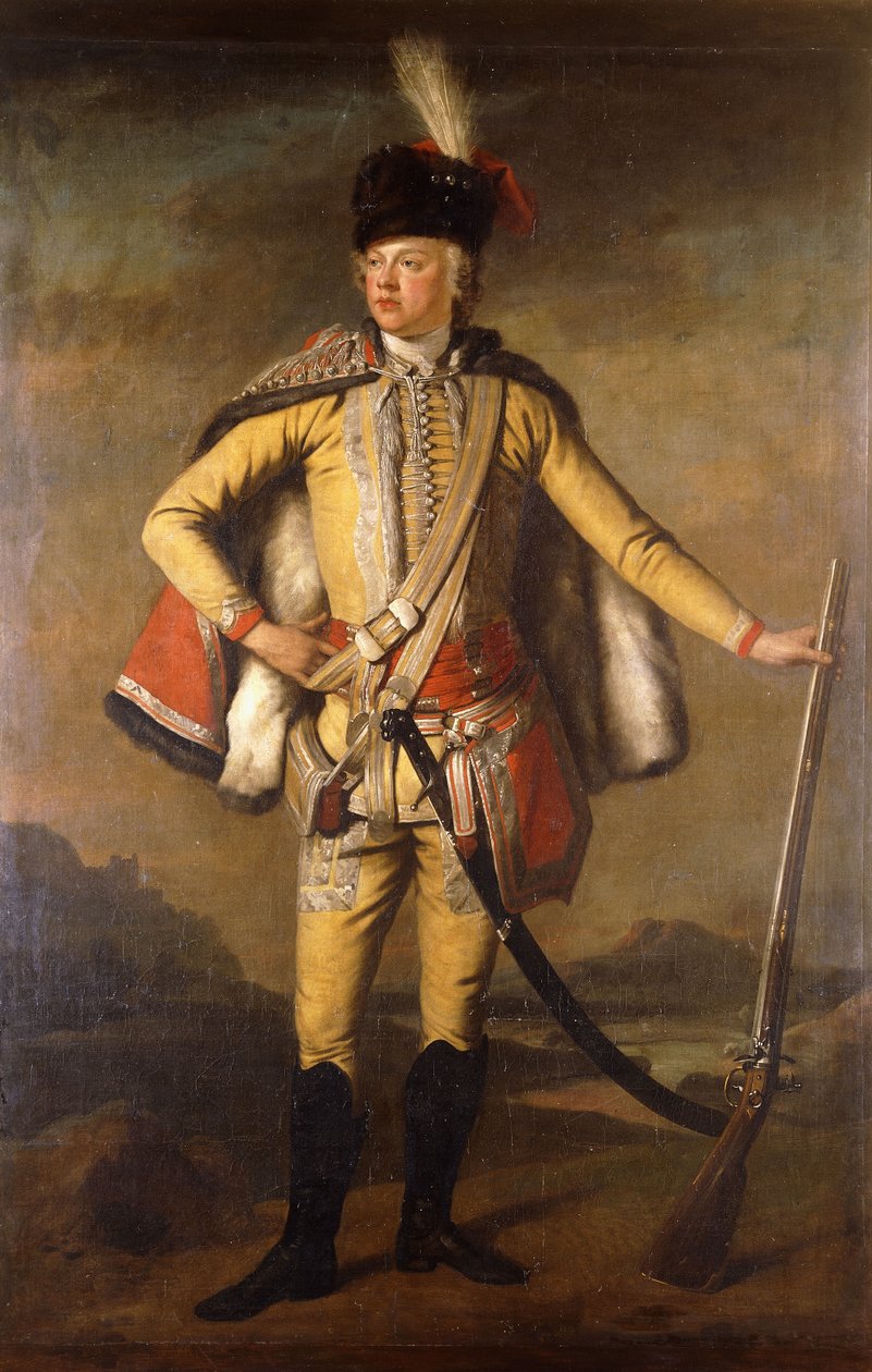 John Lindsay, Crawford 20. grófja és Lindsay portréja, huszáregyenruhában, Flintlock muskétával a kezében, Táj túl, 1745 körül alkotó: Scottish School