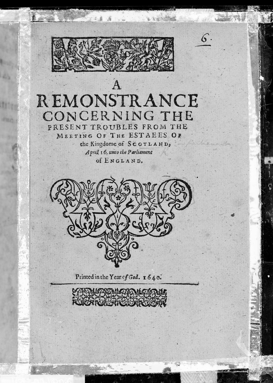 Címlap a Skóciai Királyság birtokainak összejövetelének jelenlegi bajairól szóló felszólaláshoz, 1640-ben (nyomtatott papír) alkotó: Scottish School