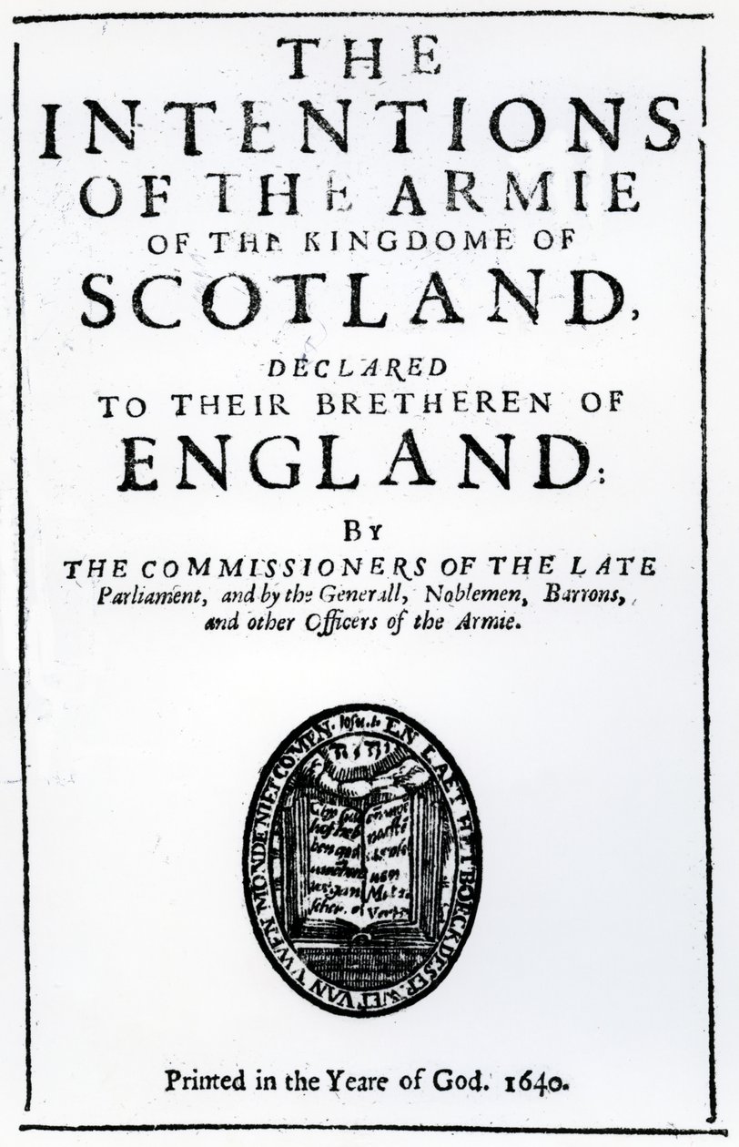 Címlap az 1640-ben kiadott Alexander Henderson „The Intentions of the Armie of the Scotland of the Kingdom of the Scotland” című művéhez (nyomtatott papír) alkotó: Scottish School