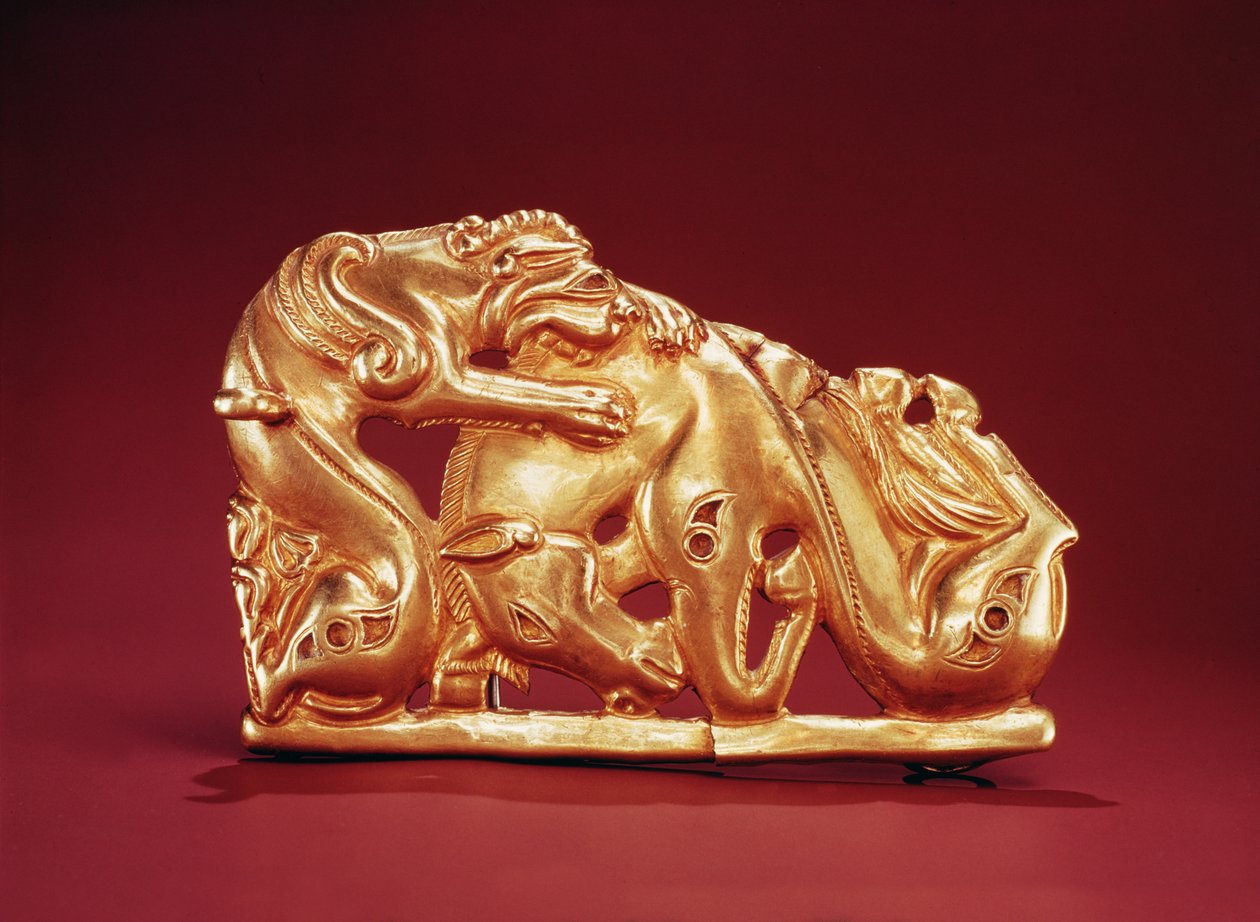 Egy lóra támadó griffet ábrázoló emléktábla (arany és türkiz) alkotó: Scythian