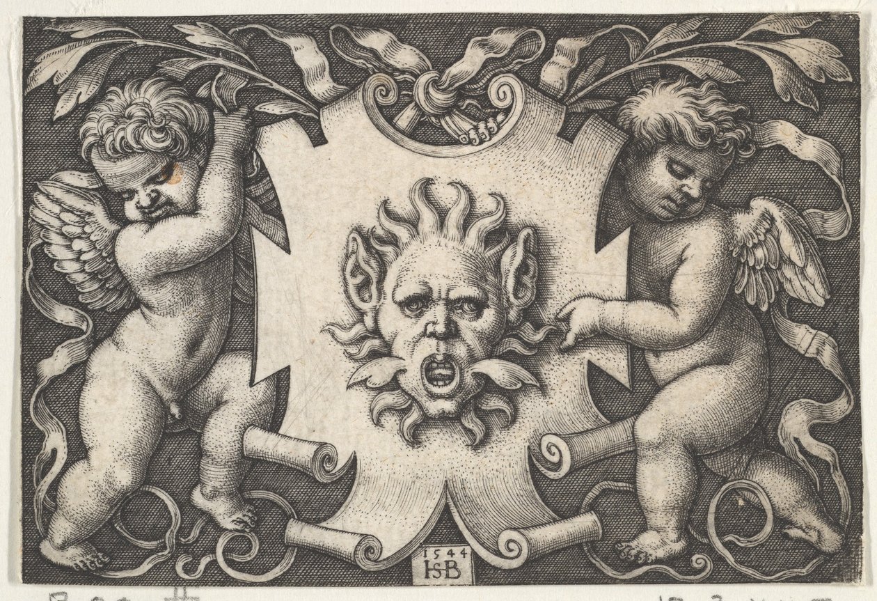 Két Genii által támogatott maszk egy takarón, 1544. alkotó: Sebald Beham