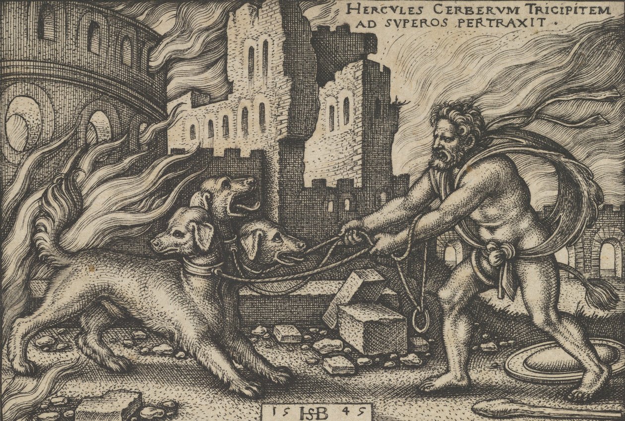 Herkules elfogja Cerberust, A Herkules munkássága című filmből, 1545. alkotó: Sebald Beham