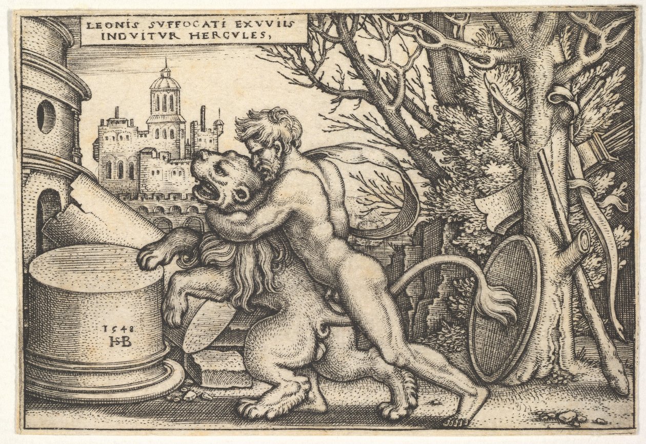 Herkules, profiljában, nyaka körül karral megöli a Nemeai oroszlánt, a Lab..., 1548-ból. alkotó: Sebald Beham