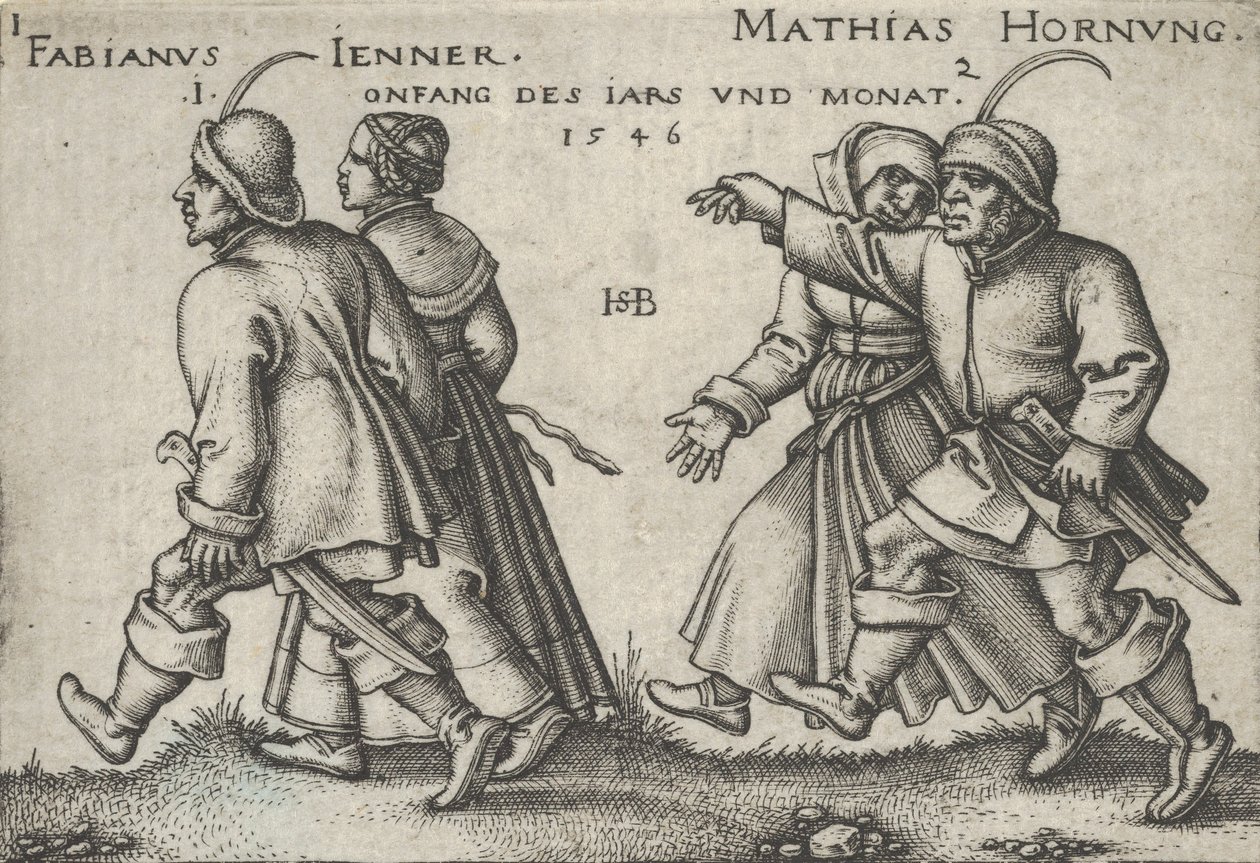 Január és február, a Parasztünnep vagy a tizenkét hónapból, 1546. alkotó: Sebald Beham