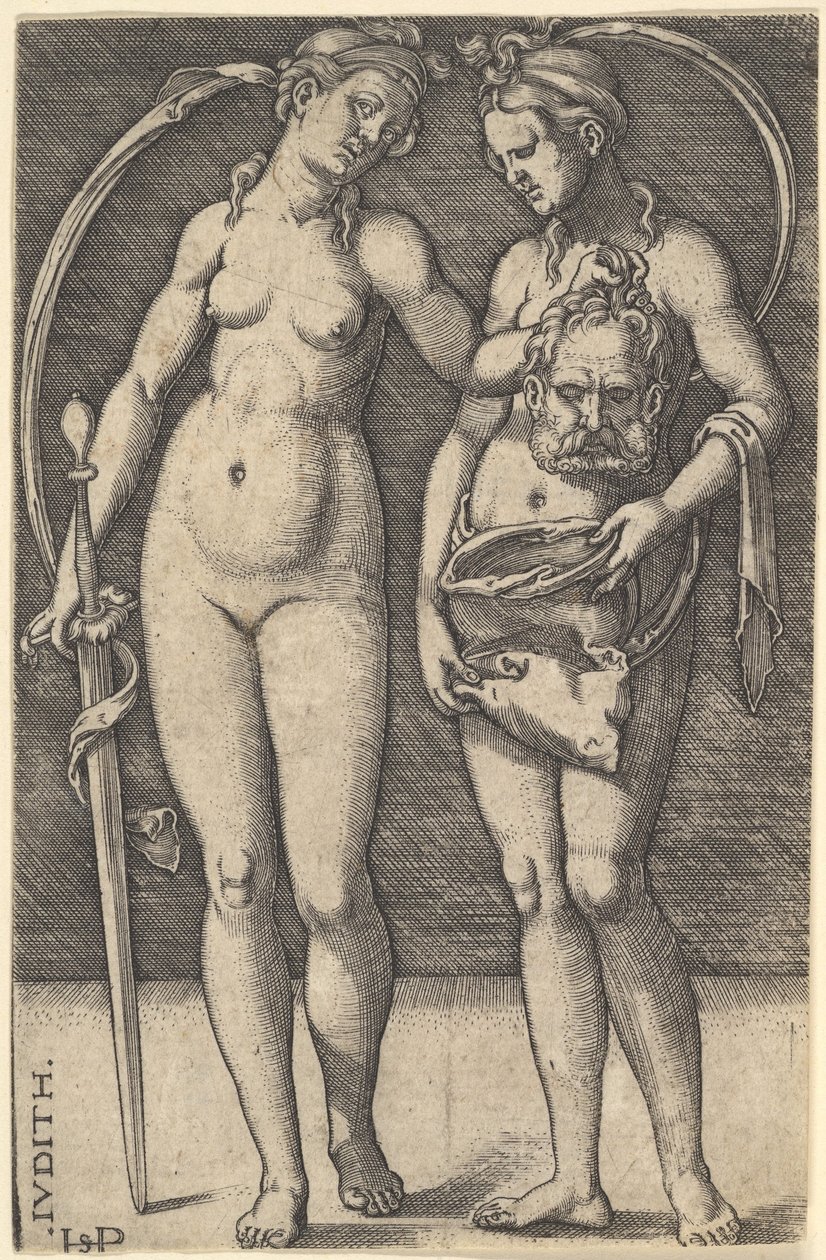 Judith jobbra áll, és Holofernész fejét tartja a jobb kezében, és egy..., kb. 1520-30. alkotó: Sebald Beham