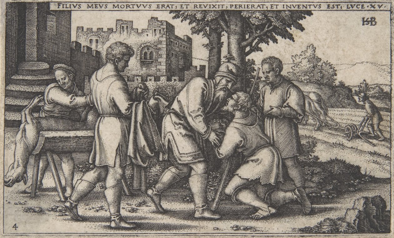 A tékozló fiú visszatérése, A tékozló fiú története, kb. 1540., alkotó: Sebald Beham