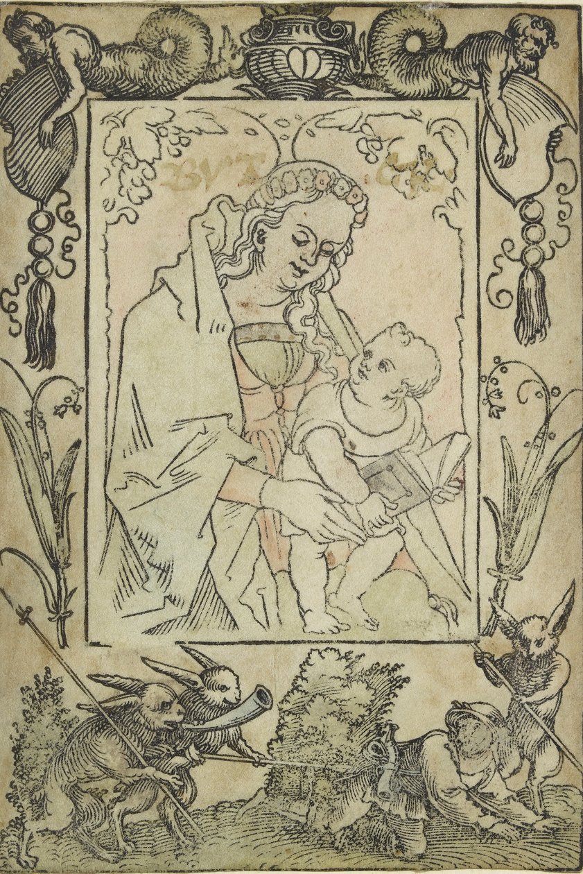 A Szűz és a Gyermek határral körülvéve egy vadász és néhány nyula, 16. század alkotó: Sebald Beham