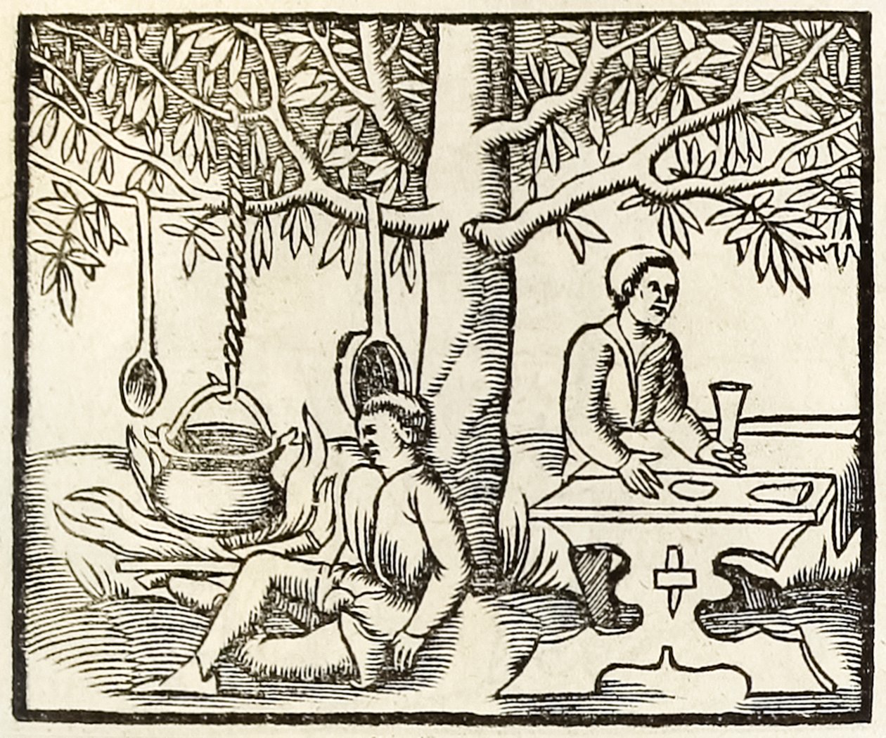 Főzőedény és várakozó étkező Sebastian Munster Cosmographia 1550-es kiadásából alkotó: Sebastian Munster