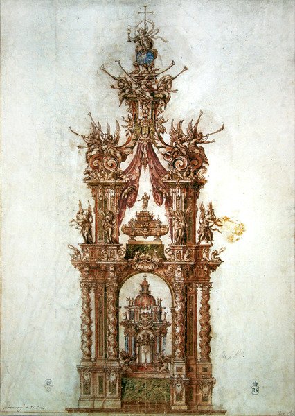 Tanulmány Szent Izidor oltárához a San Andres-templomban, Madridban (szépia mosás és toll papíron) alkotó: Sebastian de Herrera Barnuevo