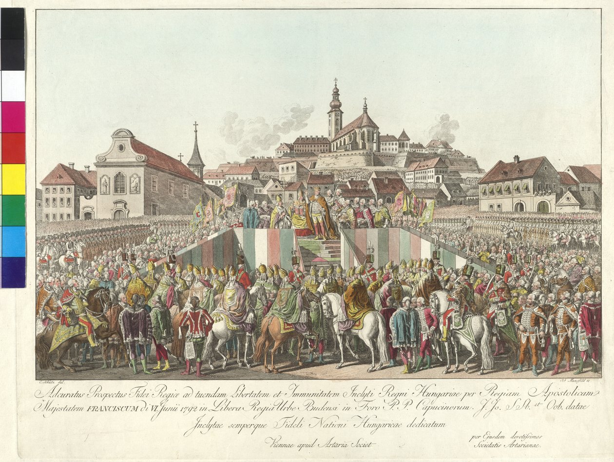 II. Ferenc császár koronázása magyar királlyá 1792. június 6-án Budapesten (rézmetszet) alkotó: Sebastian Mansfeld