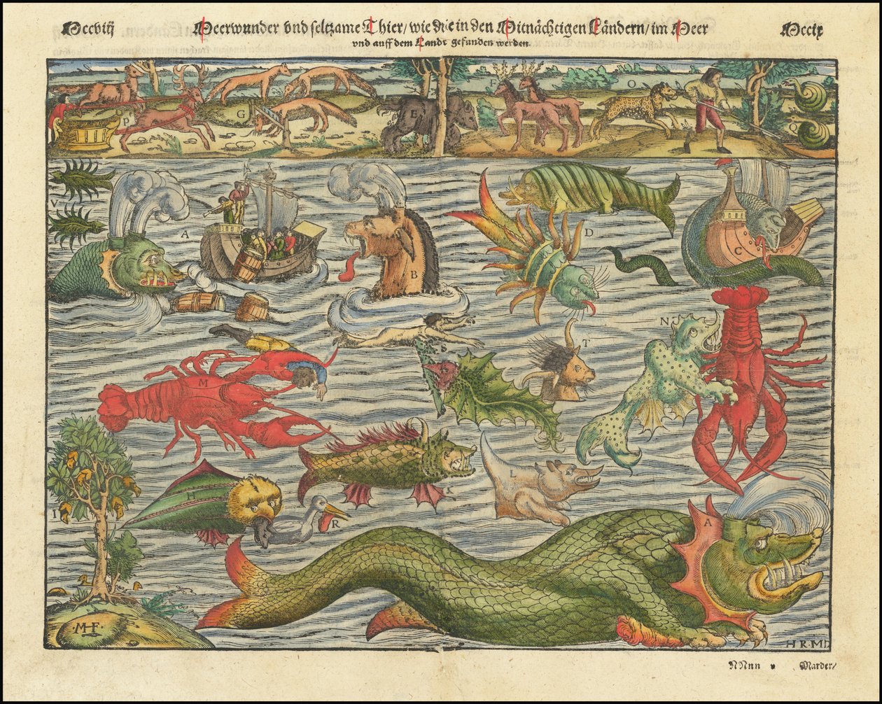 Kb. 1570-es térkép a szárazföldi és tengeri szörnyekről Sebastian Munster tollából alkotó: Sebastian Munster