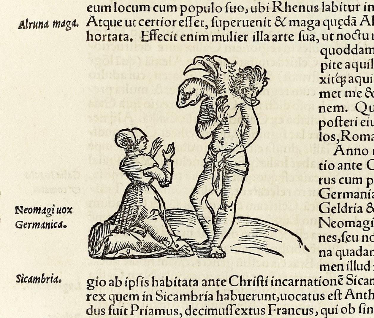 Egy boszorkány megidéz egy háromfejű démont, Sebastian Munster „Cosmographia” című művének 1550-es kiadásából (fametszet) alkotó: Sebastian Munster