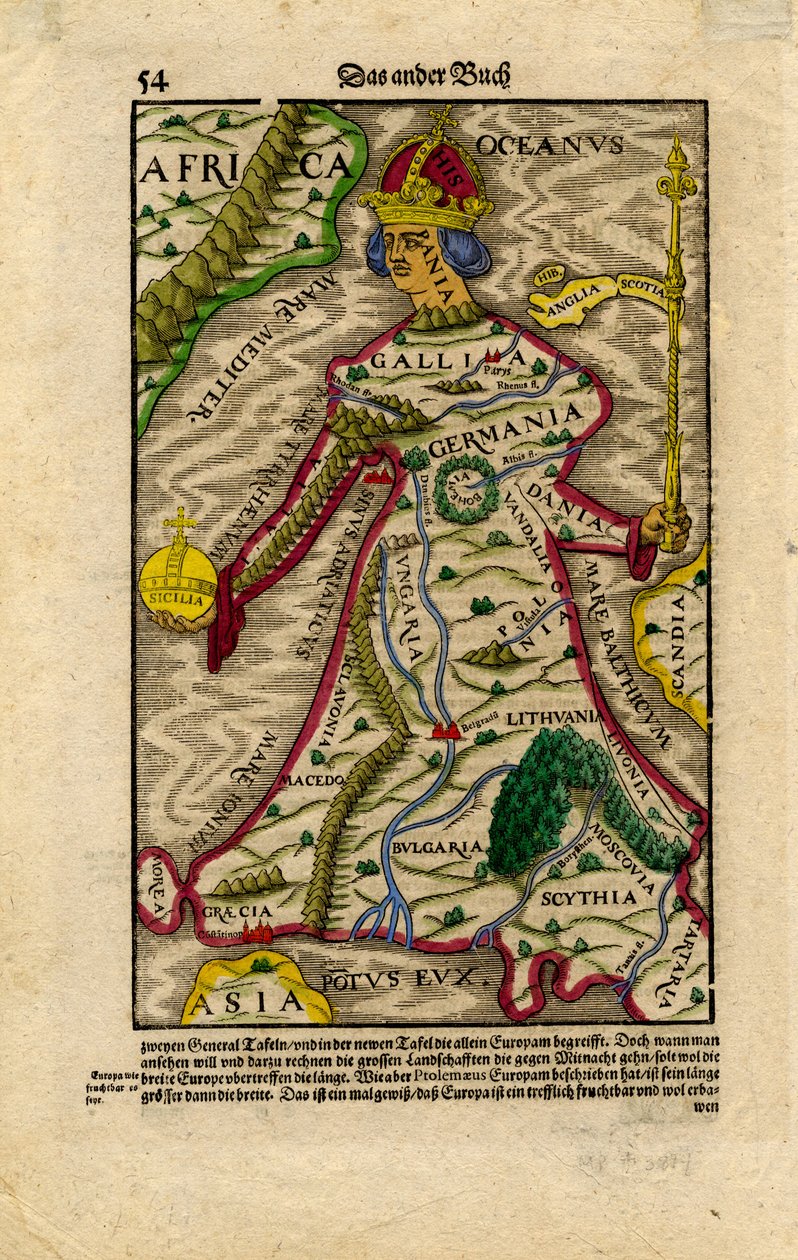 Európa allegorikus térképe, 1540-50 körül (fametszet) alkotó: Sebastian Munster