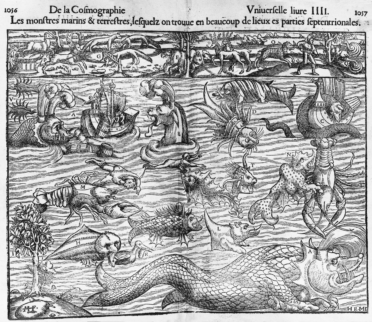 Tengeri és szárazföldi szörnyek, illusztráció a Cosmographia Universalisból, Sebastian Munster (1489-1552) alkotó: Sebastian Munster