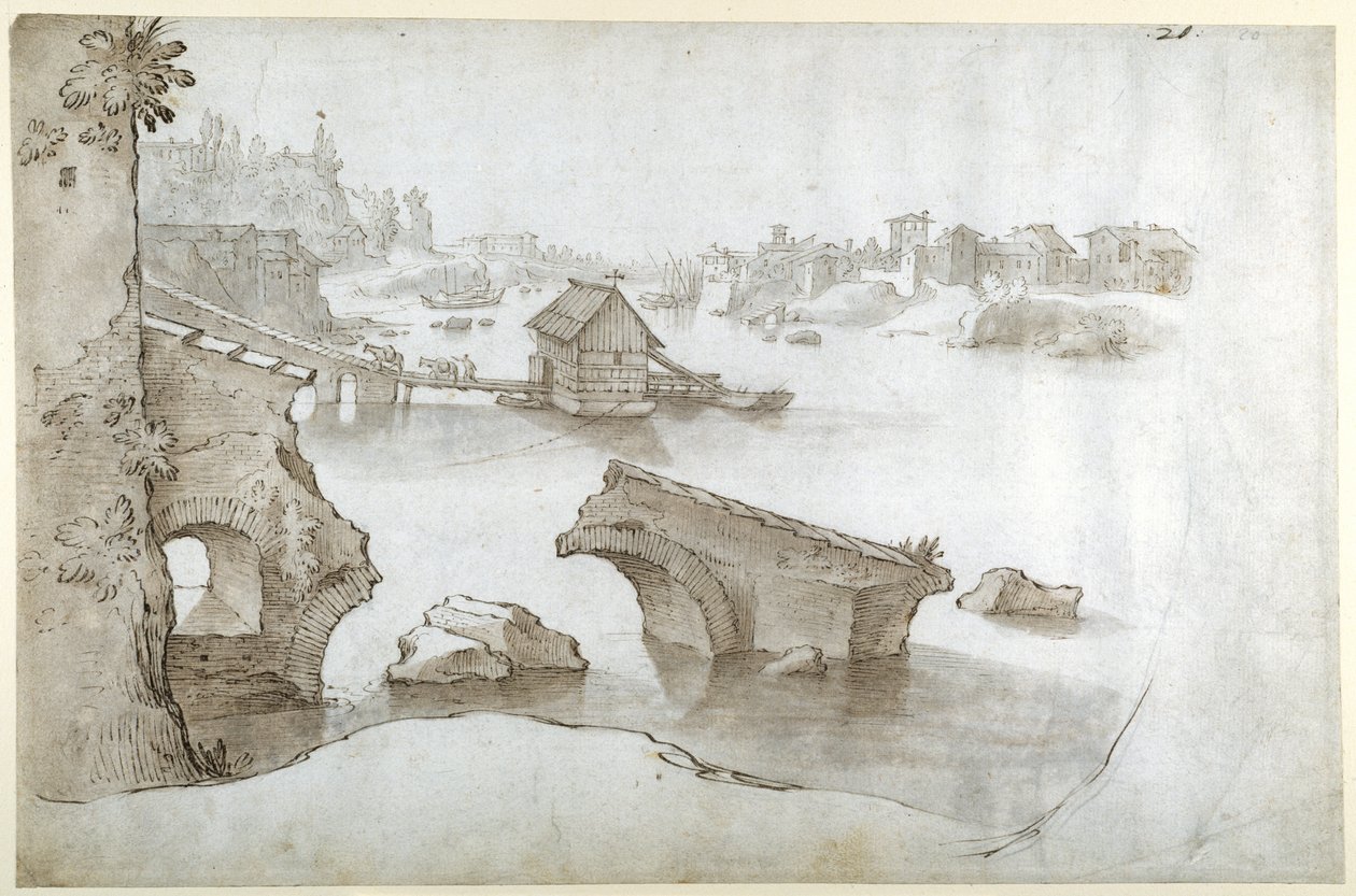 Tiberis-kép a Ponte Rotto (az Aventine felett), a Marmorata és a Ripa Grande romjaival (toll és barna tinta barna és szürke mosásokkal fehér papíron) alkotó: Sebastian Vrancx