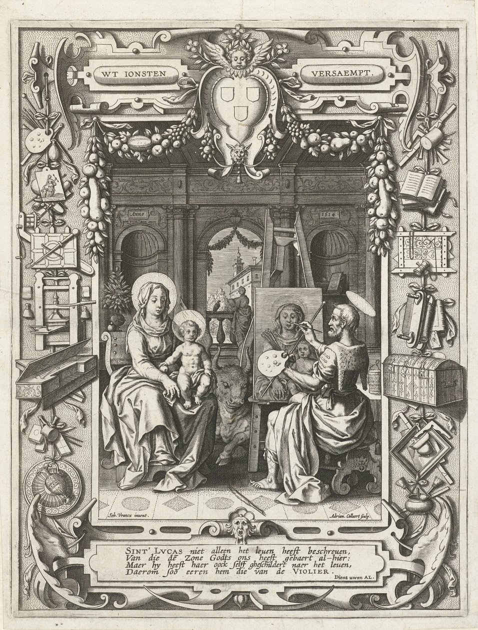 A Szent Lukács Céh címere Szent Lukács Madonna és gyermeke képével, 1620-21 alkotó: Sebastian Vrancx