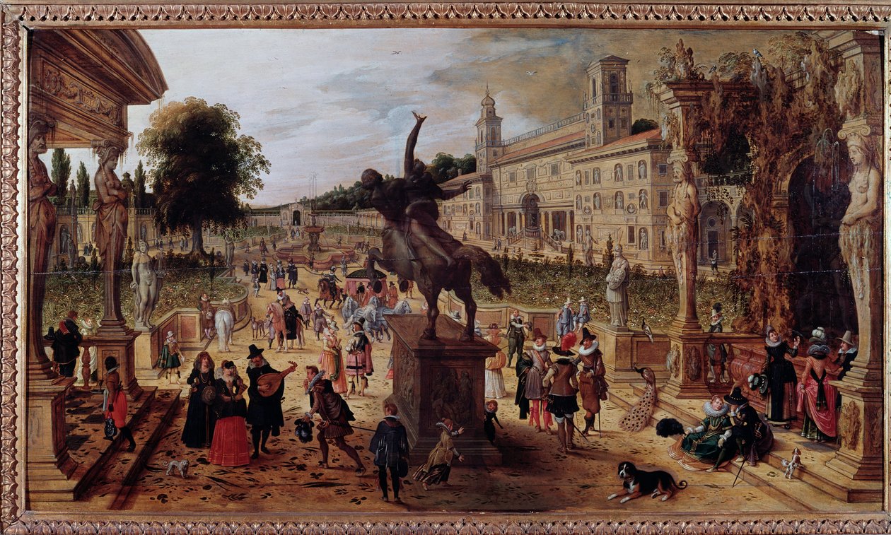 Táj a villával medicis Rómában, Olaszország (Táj a villával Medicis, Róma, Olaszország) Elegáns sétálók és zenészek a parkban - Sebastian Vrancx festménye (1573-1647) 17. század - Nápolyi Museo Nazionale di Capodimonte alkotó: Sebastian Vrancx
